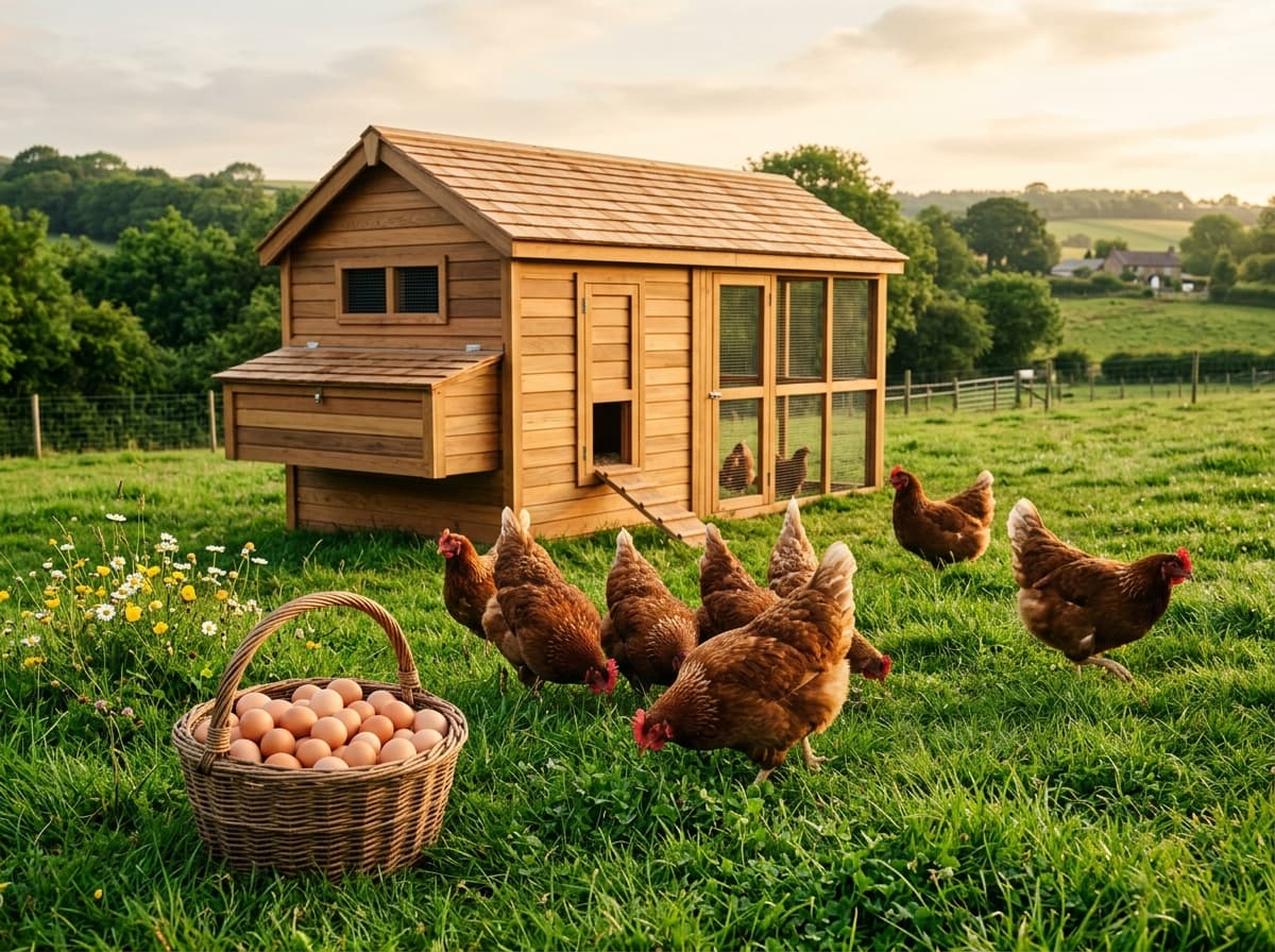 Pasture-raised healthy hens in spacious farm coops